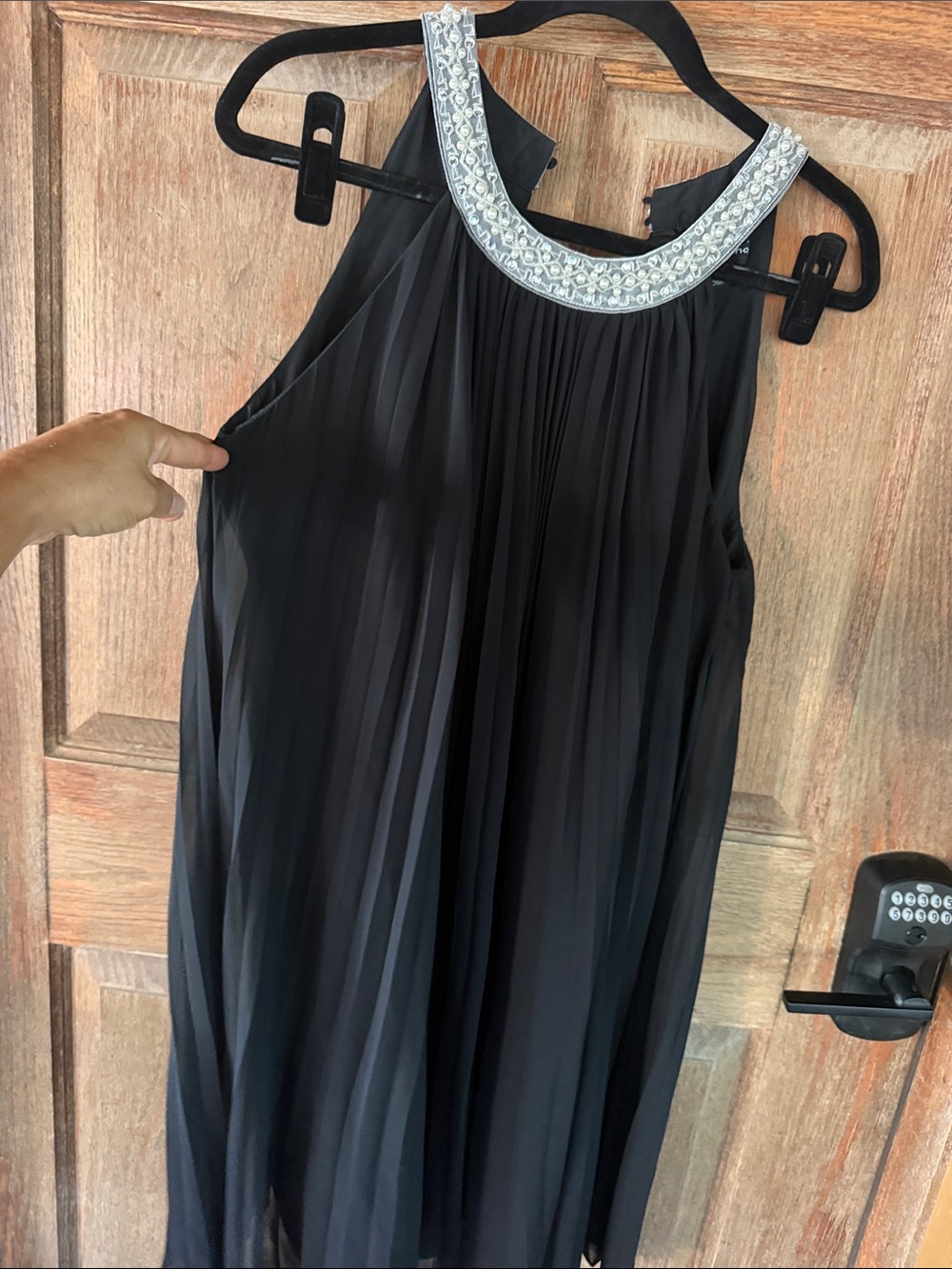 Sharagano Black Pleated Halter Dress with Silver Embellished Collar